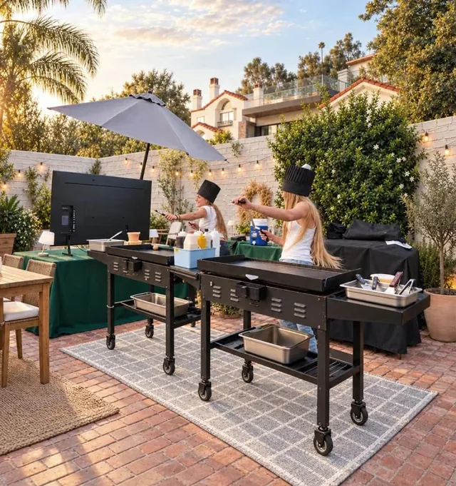 On-site hibachi chefs cooking on outdoor griddles at a backyard event